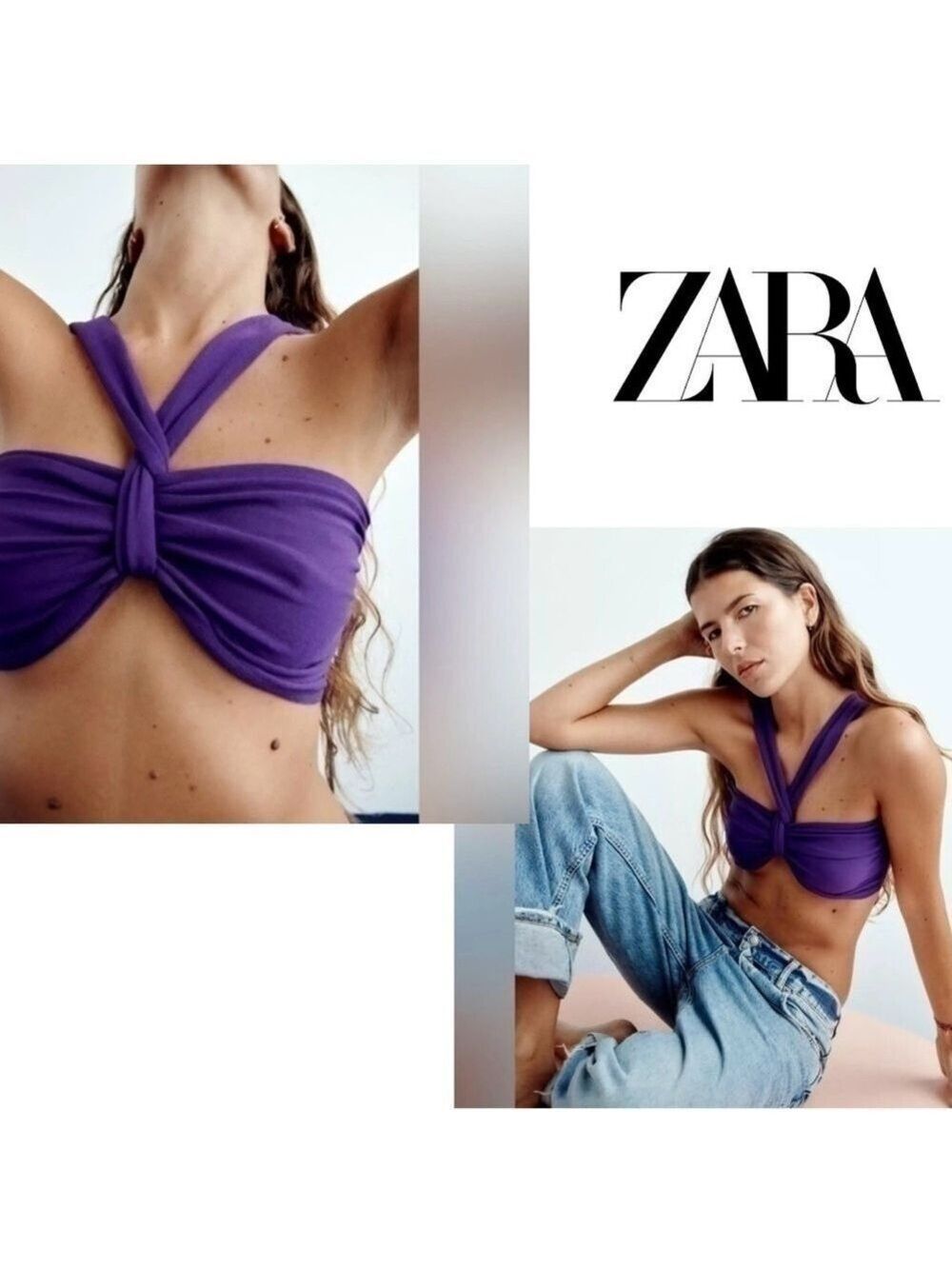 Zara purple knit front twist sweetheart neckline cropped halter top Sz S NWOT